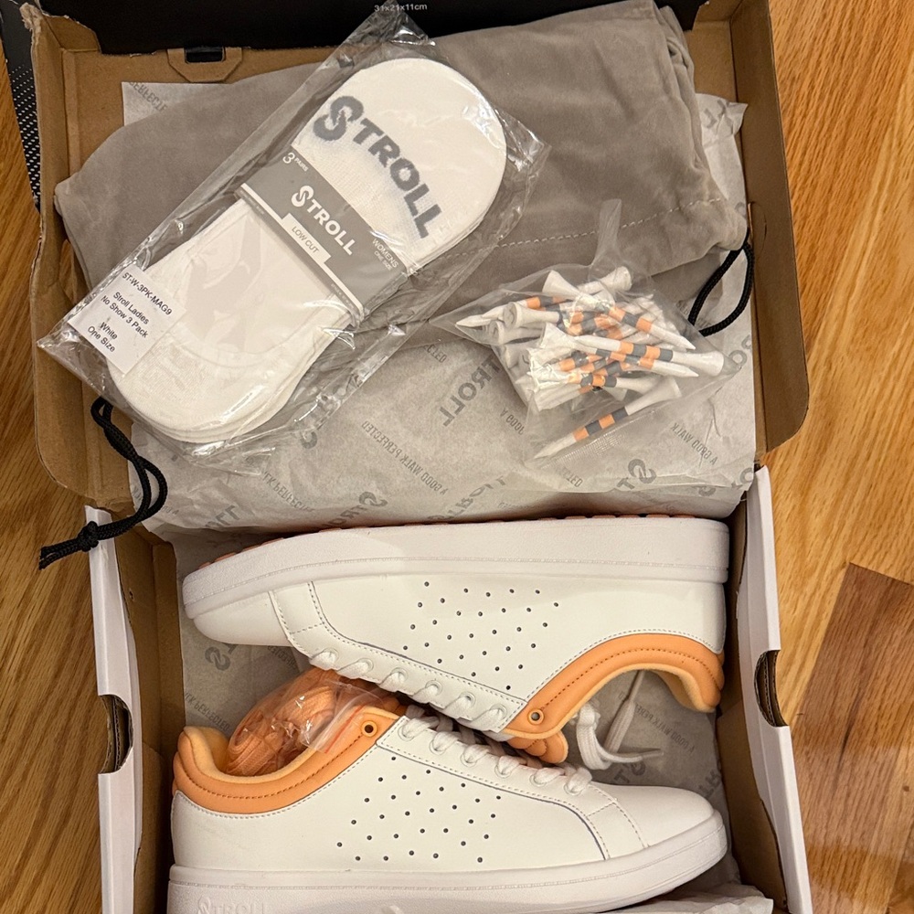 White and Orange Golf Sneakers with Accessories